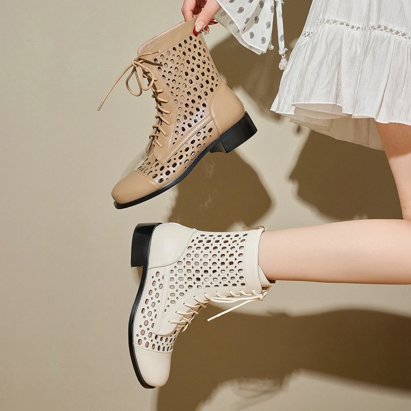 Neue Damen-Stiefeletten aus echtem Rindsleder für Frühling/Sommer, mittelhoher Absatz, Reißverschluss in Übergröße, Schnürung, Lochmuster, kurze Stiefel, coole Stiefel