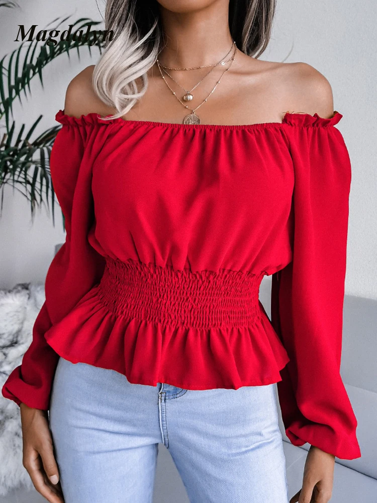 Magdalyn Women Off Shoulder Fasion Ruffles Tunic Blous Ins Korean Solid Chiffon Shirt Elegant Long Sleese Elastic Cuffs Lady Top