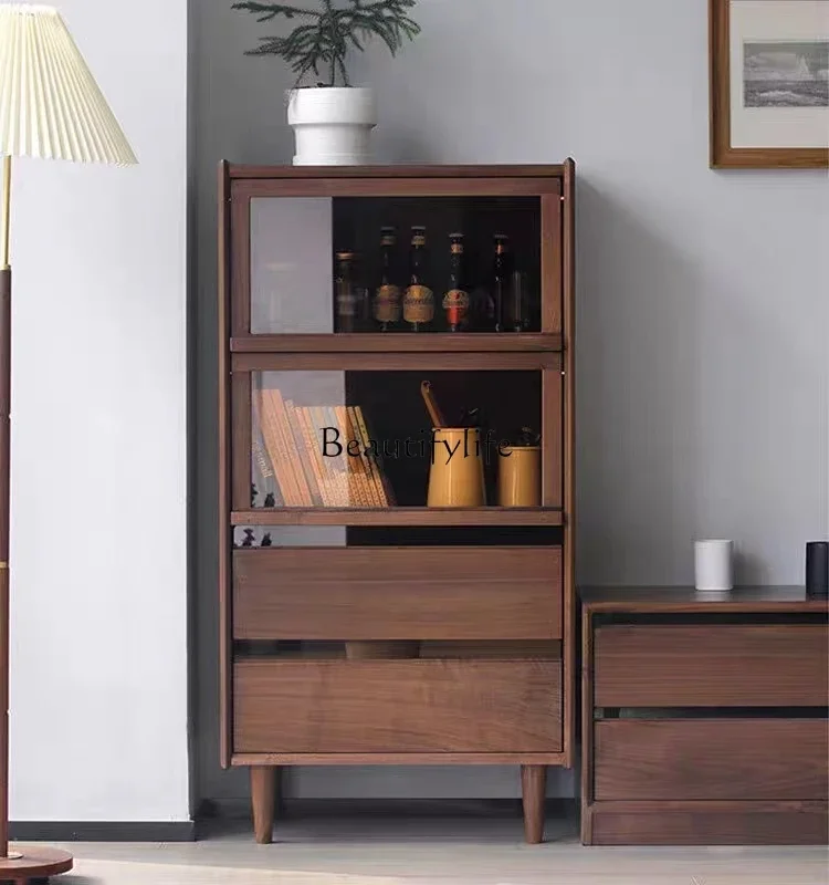 

01 Nordic black walnut bucket cabinet solid wood living room storage cabinet