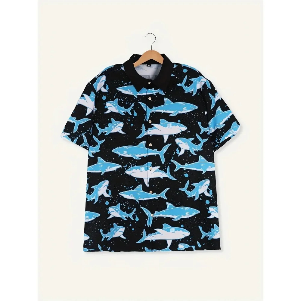 Summer Cartoon Shark Men's Clothing Printed Men's Short Sleeved Shirt Hawaii Beach Party Outfit Oversized Men's Shirt Style