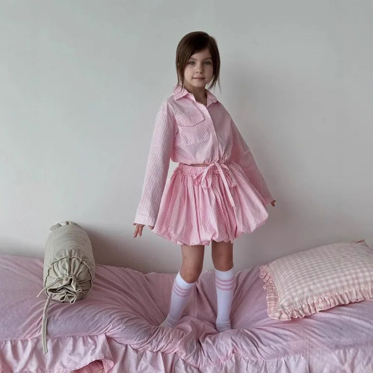 2025 meninas russas primavera e outono algodão listrado americano rendas até camisa meia saia crianças conjunto de duas peças