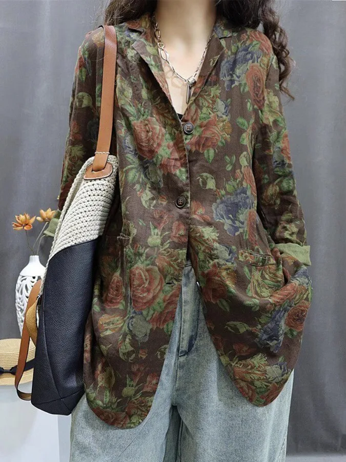 

Women's Cotton Linen Loose Casual Versatile Summer Print Retro Suit 2026 Seasonal Fashionable Single Button Polyester Fiber