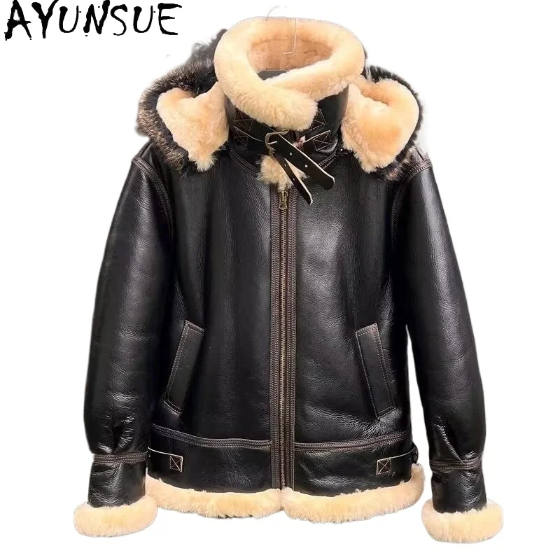 

AYUNSUE High Quality Genuine Sheepskin Leather Jacket Men 2025 Winter Natural Fur Coat Man Hooded Warm Fur Coats and Jackets