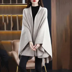 Fashion Wool Poncho Jacket Women's Soft Knited Cape Coat Lapel Shawl Autumn Winter Loose Cashmere Shawl Female Korean Cloak Tops