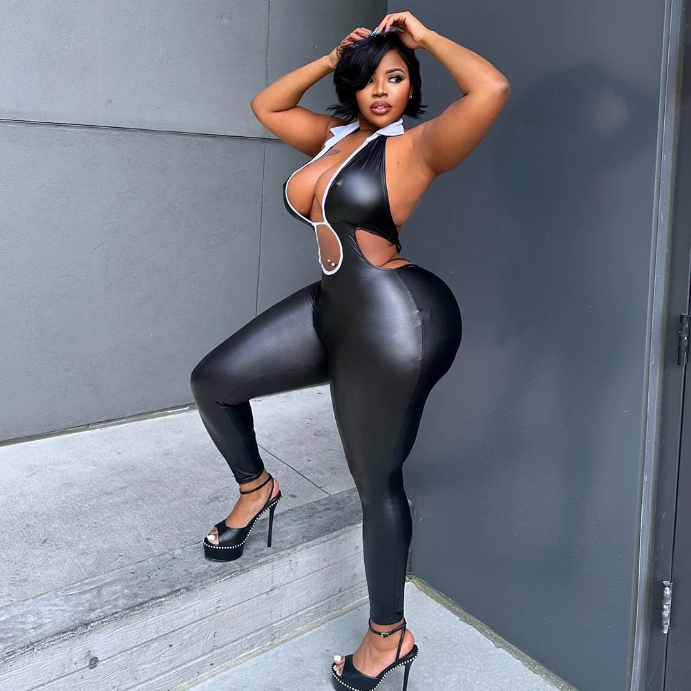 Women Pu Leather Deep V-neck Waist Hollow Out Jumpsuits Female Sexy Street Chic Party 2025 Fashion One Piece Suit Romper