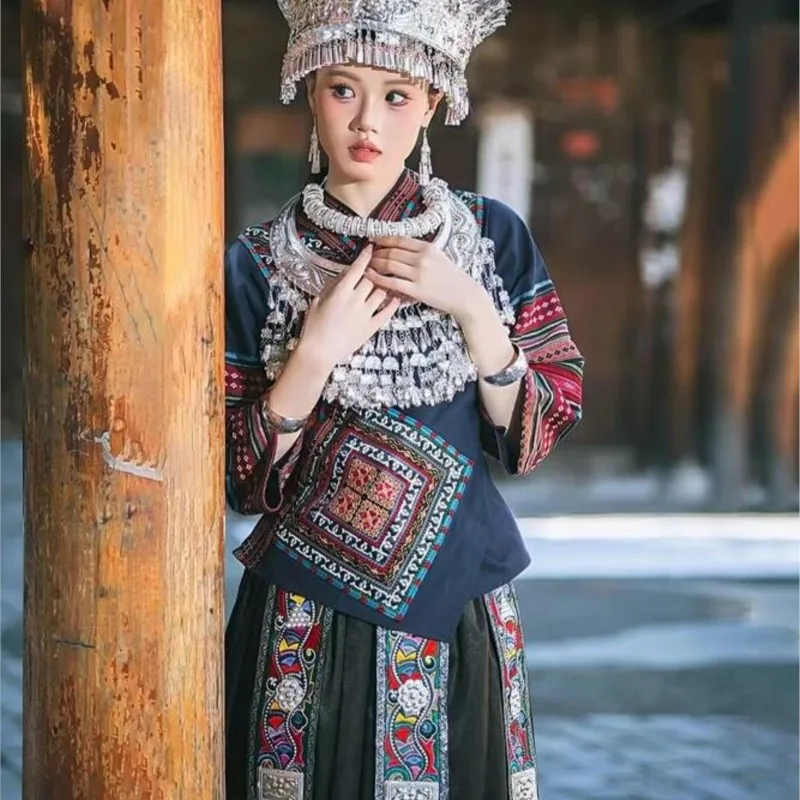 

New national costume Traditional silver headdress performance hat collar style photo photography clothing