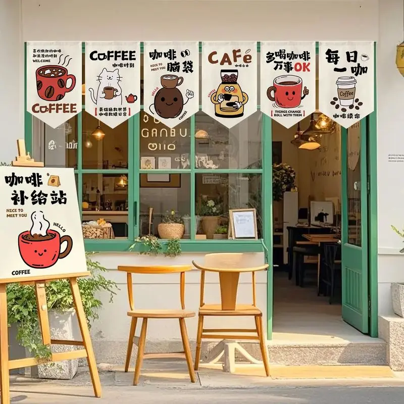 VIKAMA Cartoon Coffee Slogan Triangle Hanging Flag Noren Curtain Cafe Coffee Shop Partition Banner Storefront Window Decor