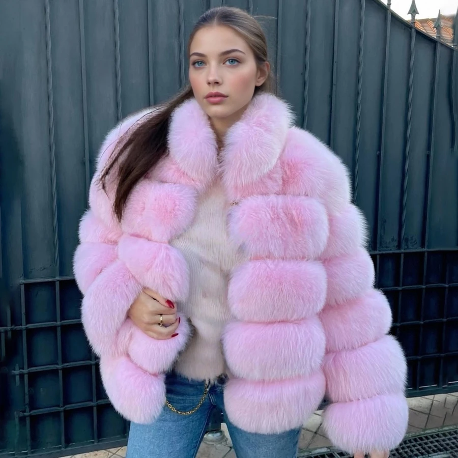 

Куртка из натурального меха, женская розовая куртка из натурального лисьего меха с высоким воротником, меховая куртка, куртки из натуральной кожи высокого качества