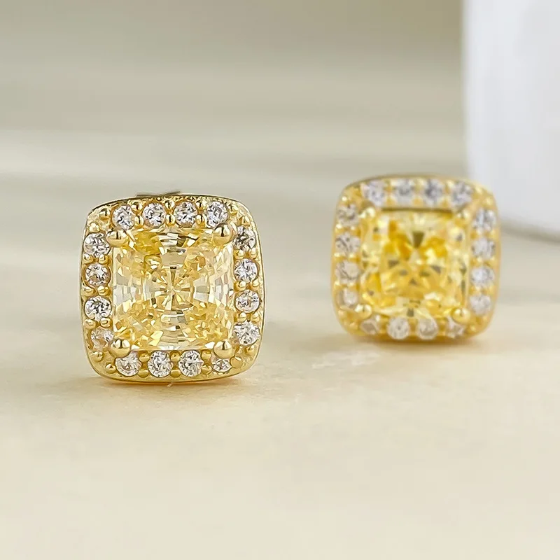 2024 New S925 Pure Silver Yellow Diamond Earrings, Radian Princess Square High Carbon Diamond, Small and Versatile for Daily Use