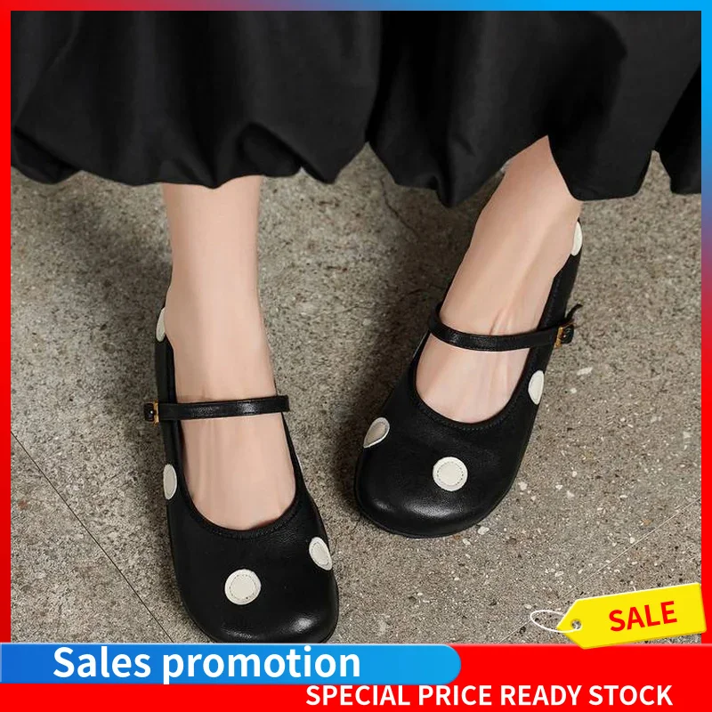 Women Vintage Sheep Leather Polka Dot Mary Jane Flats Round Toe Buckle Strap TPR Sole Sheep Lining Four Season Daily Shoes F249