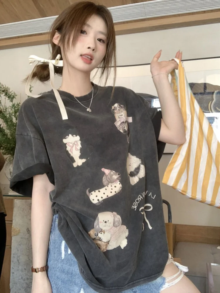 

ADAgirl American Retro Kawaii Doggy Print Oversized T-shirts for Women Summer Cutecore Cat Kitty Graphic Tops Short Sleeve Tops