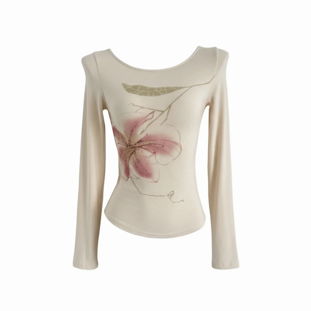 

Stylish Rhinestone Floral Long Sleeve T-shirt Chic Korean Style Flower Shirts Women Ladies Clothing Sweet Slim Fit Top Autumn