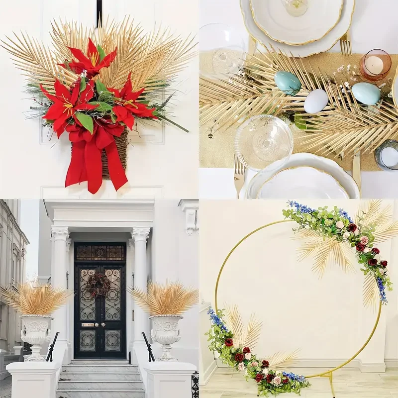 5pcs Golden Artificial Palm Leaves Fake Tropical Plants Faux Flowers For Indoor Outdoor Home DIY Vase Filler Wedding Party Decor