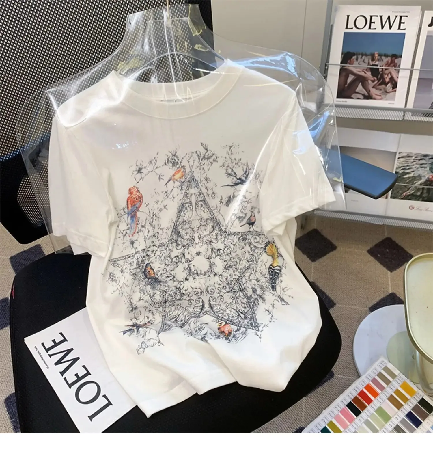 Y2K Luxury Flower Bird Printed T Shirts Women High Quality Cotton White Short Sleeve Summer Tops Korean Fashion All-match Casual