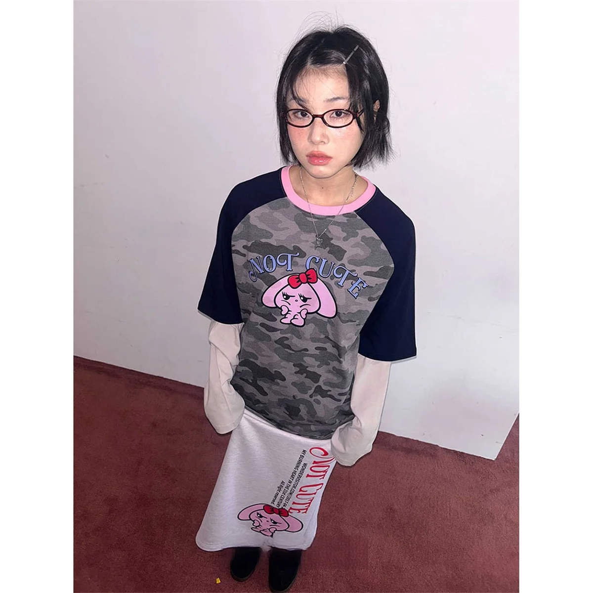 Street Sle Retro Rabbit Long Sve T-irt Casual High Waist Straight Leg Skirt Two Piece Suit Korean Loose Fit Youthful