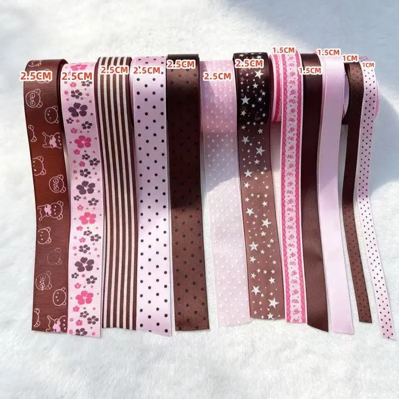 12-teiliges Set aus rosa-braunen gestreiften Bändern, Kombination aus Spitze, handgemachte Schleifen, Haaraccessoires, Geschenkverpackung, DIY-Material, Geschenk – Detail 1