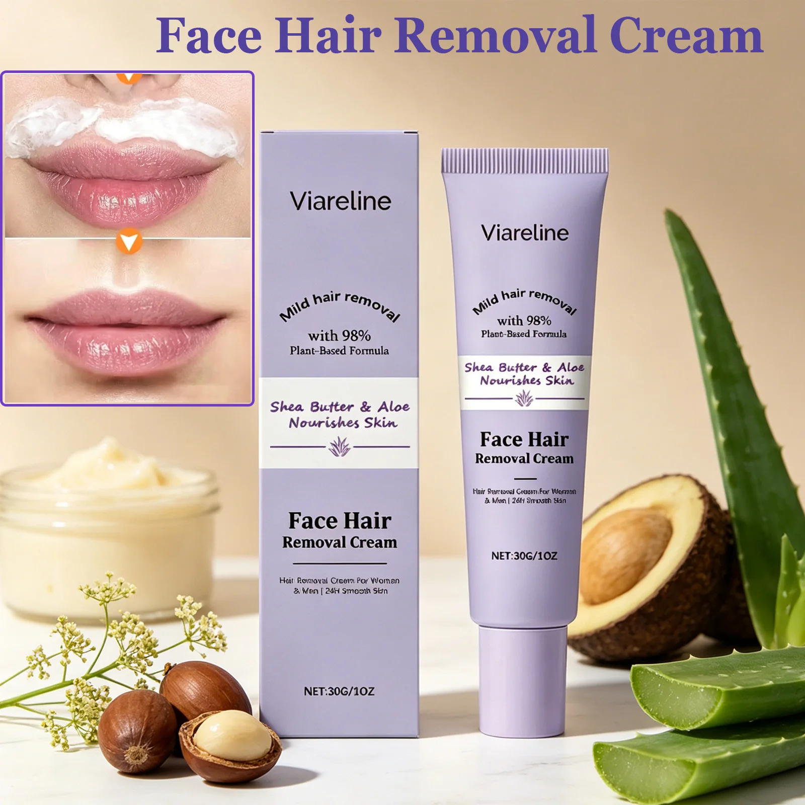 Hair Removal Cream - ครีมกำจัดขนบนใบหน้า ไม่เจ็บปวด กำจัดขนบนใบหน้า ลบขนบริเวณริมฝีปากบน คาง จอน