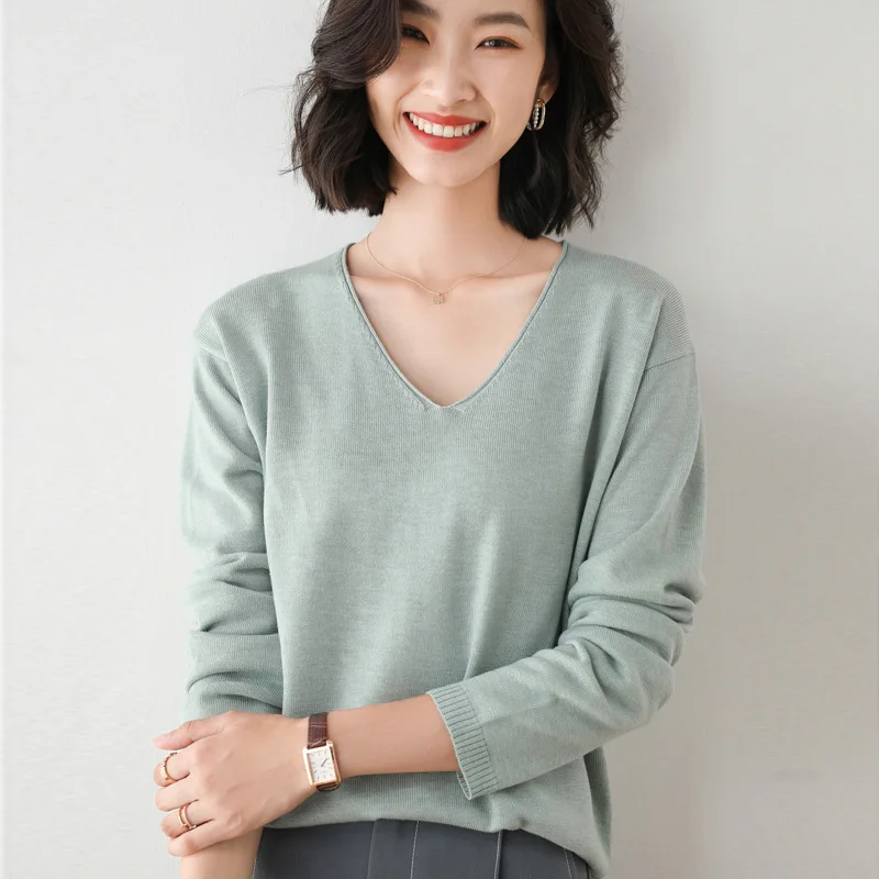 الموضة الكورية المرأة فضفاضة الخامس الرقبة الصلبة البلوز سترة الخريف والشتاء بأكمام طويلة متماسكة قاع قميص كبير الحجم البلوزات