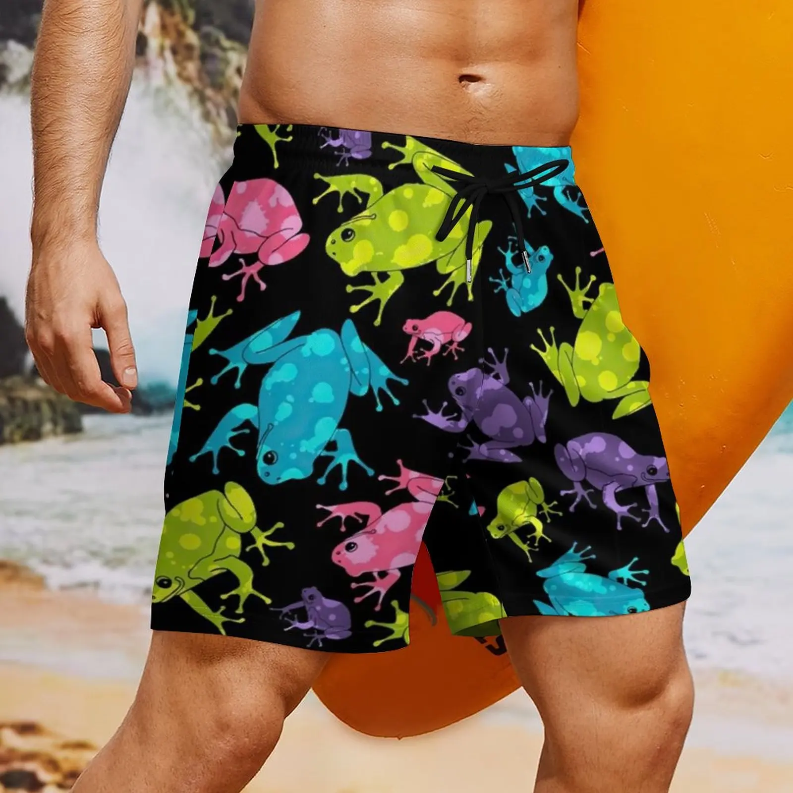 Multicolor Frog Board Compression Shorts Print Males Beach Pants  Watercolor Splash Funny Animal Plus Size Swim Trunks Classic