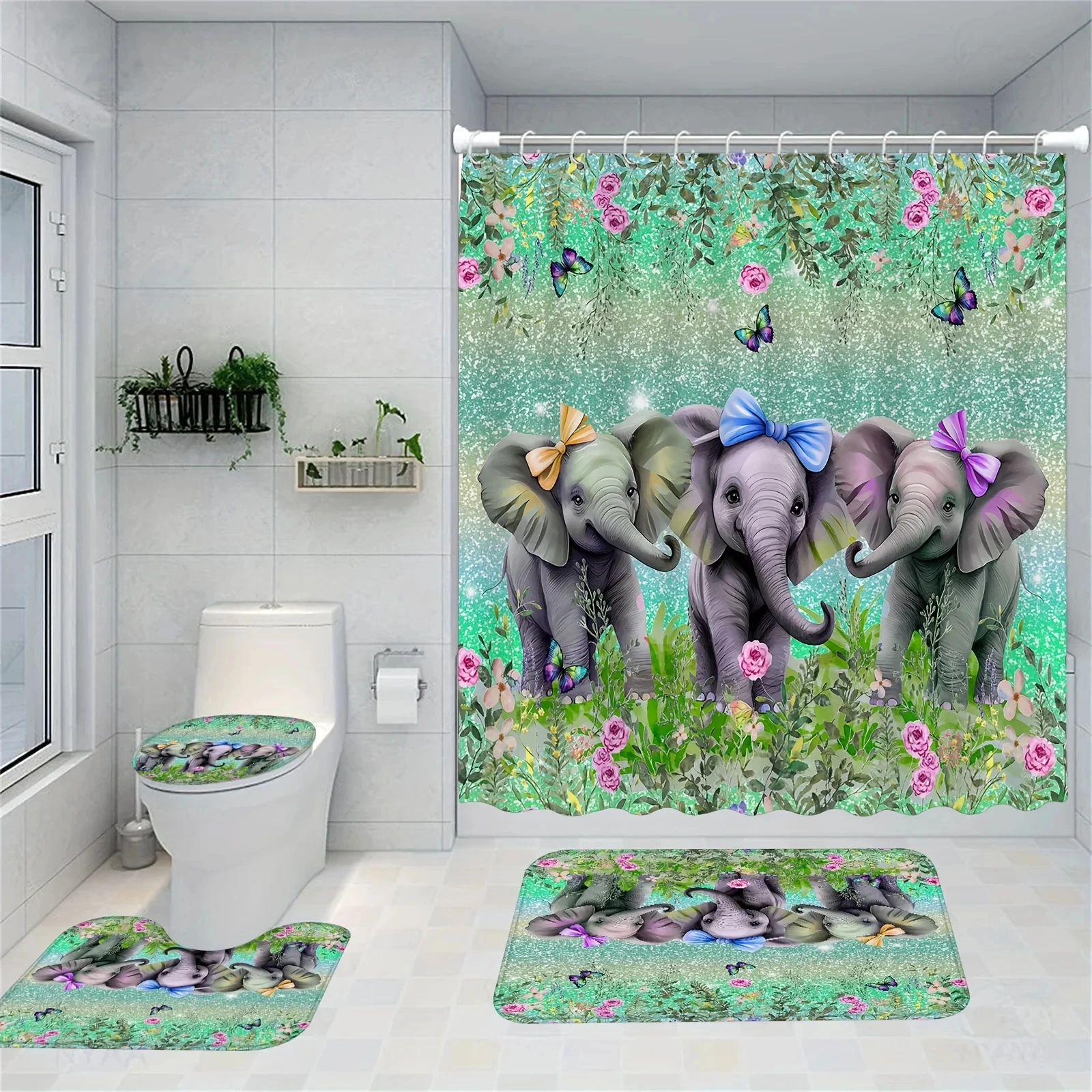 

Комплект занавесок для душа со слонами и бантами | Нескользящий коврик для ванной, U-образный коврик для унитаза, 12 крючков, декор для ванной комнаты