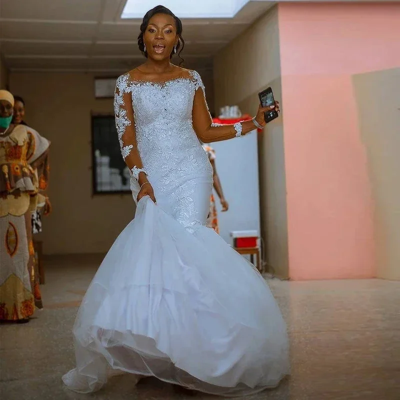 

Customized Mermaid African Wedding Dresses O Neck Bead Church Bridal Gown Sheer Long Sleeve Vestido De Novia