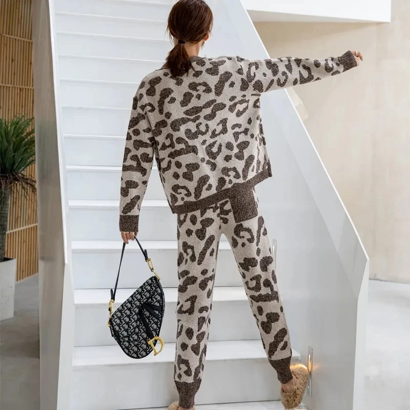 Autumn Winter Leopard Pant Sets For Women Vintage Casual Knitting Outfits V Neck Cardigans + Harem Pants Lady Chic Knitted Suits