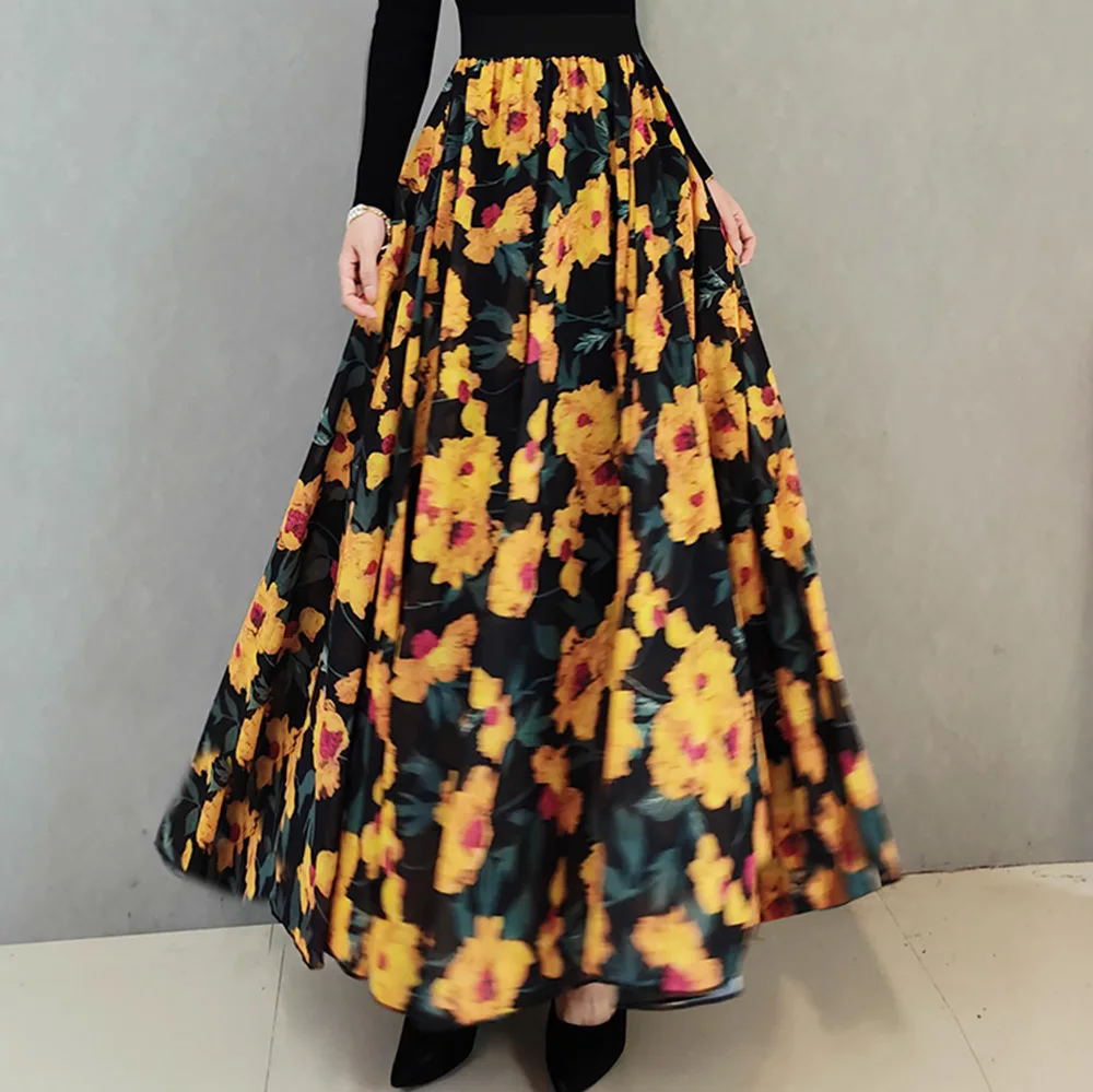 female Chiffon Yellow flower pattern long skirt 2024 Summer 720 degree dance elegant women\'s skirts Woman Long Maxi Skirts