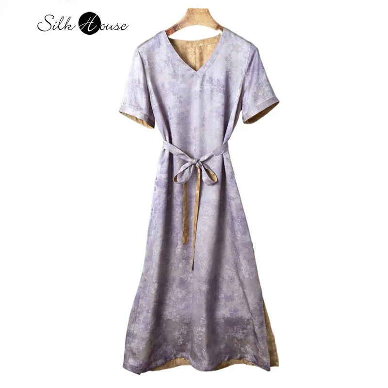 

2025 Women's Summer New Double Sided 100% Natural Mulberry Silk Flower Luo V-neck Short Sleeved Women's Fashion Dress