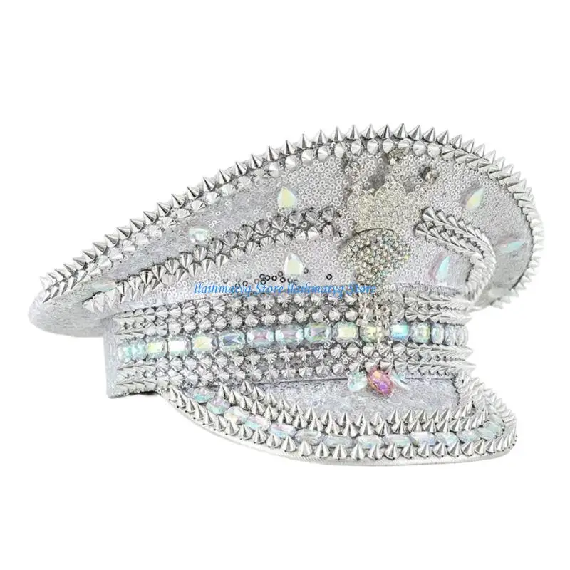 573B Sparkling Rhinestones Sequins Captain Hat For Women Music Festival Theme Parties