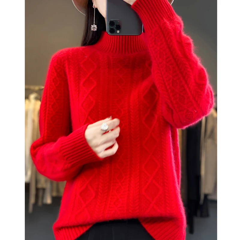 Merino Thickened Wool Sweater Half High Collar Twisted Flower Knitted Pullover Women\'s Wool Knitted Solid Color Top Winter