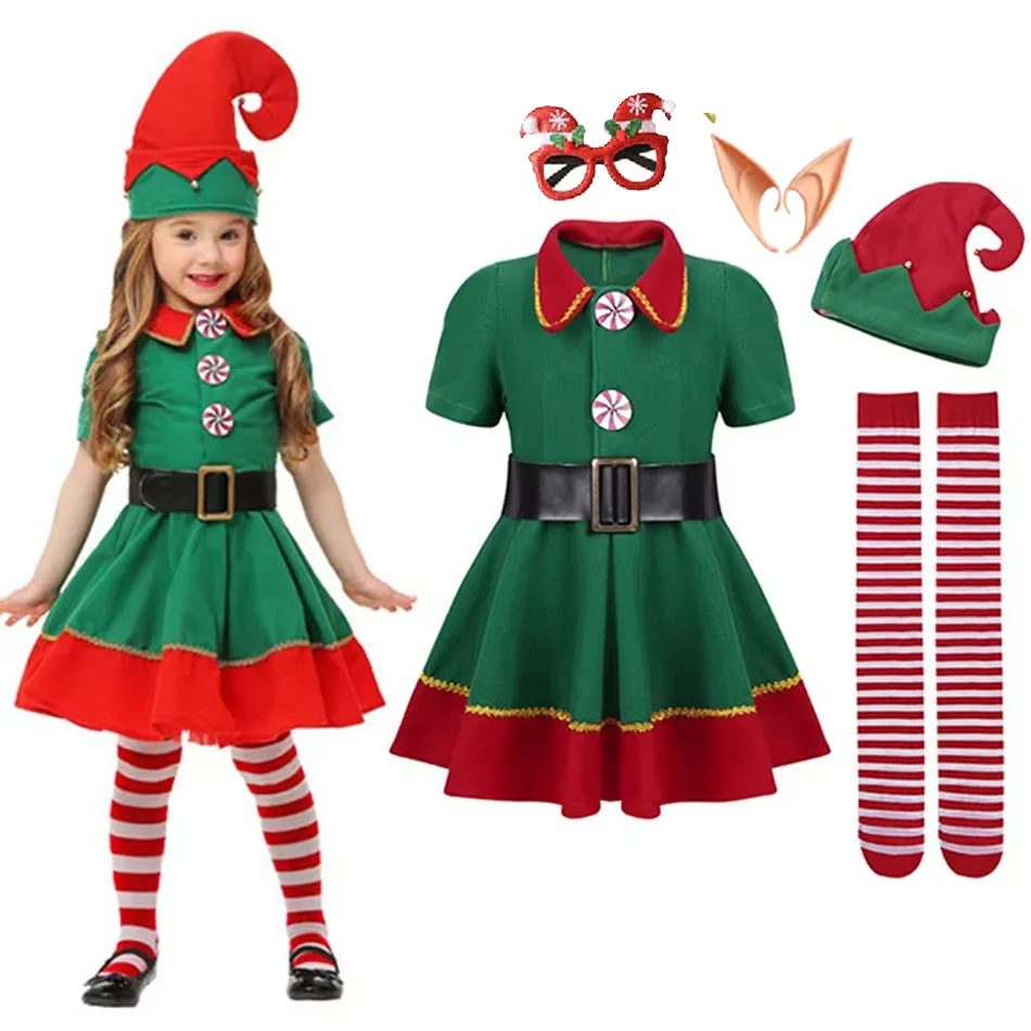 New Year Kids Elf Santa Claus Costume Green Cosplay Christmas Carnival Party Fancy Dress for Girls Boys Red Xmas Clothes Set