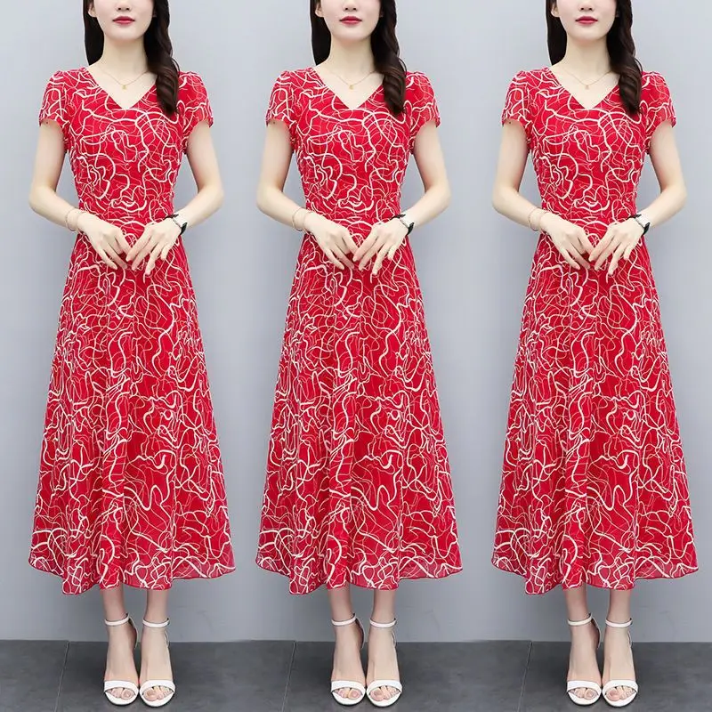 2023 Summer New Commuter Women's Short Sleeve V-Neck Fashion Trend Casual Simple Printing Elegant Versatile Mid length Dress