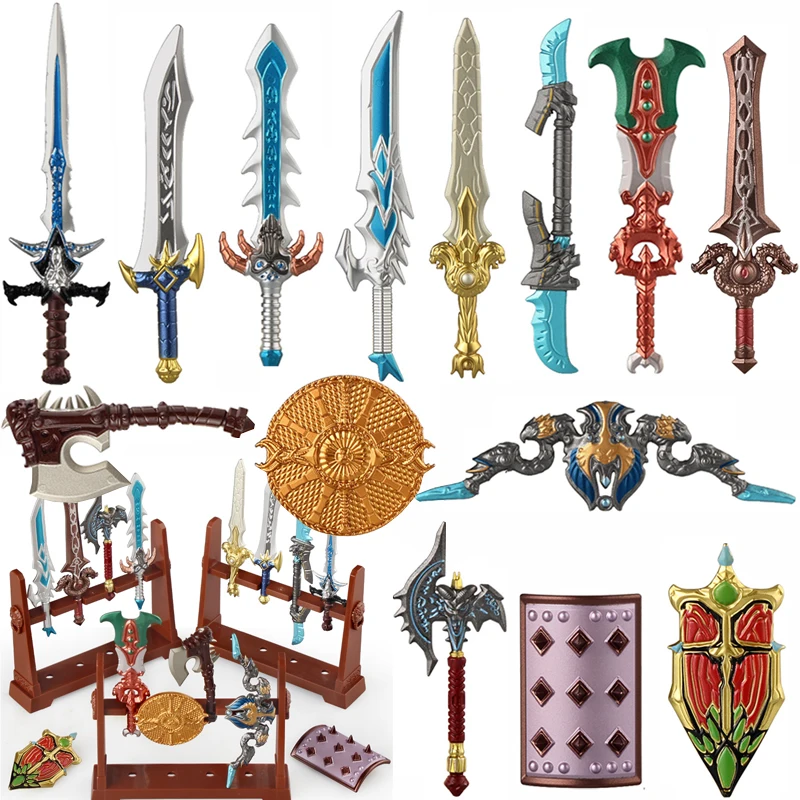 Kits d'accessoires d'armes de figurines médiévales, blocs de construction, roi épée, bouclier du roi Lion, bataille Trident, hache à Double tranchant, jouet en brique
