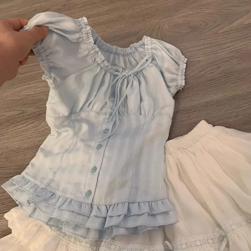 Dolce Sottile Set da 2 pezzi Manica corta Y2k Abiti da donna vintage O-Collo Punk Abito da ballo Harajuku Corea Abito con fiocco Goth Fairy Grunge