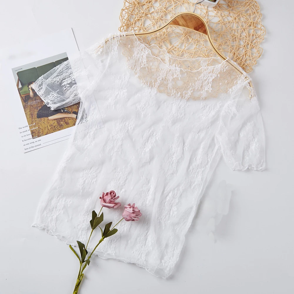 Women Solid Color Lace Hollow Mesh Short Sleeve Top Summer Casual Vacation Beach Yoga Regular Length Polyester Blouse Shirt