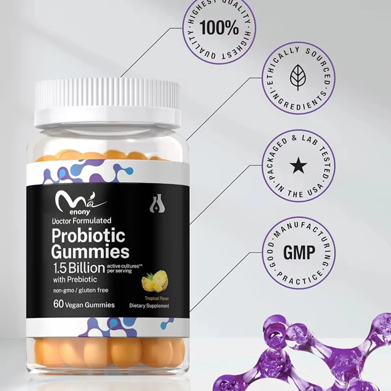 60 probiotic gummies with 1.5 billion effective cells, vegetarian, non GMO and gluten free, suitable for both men and women