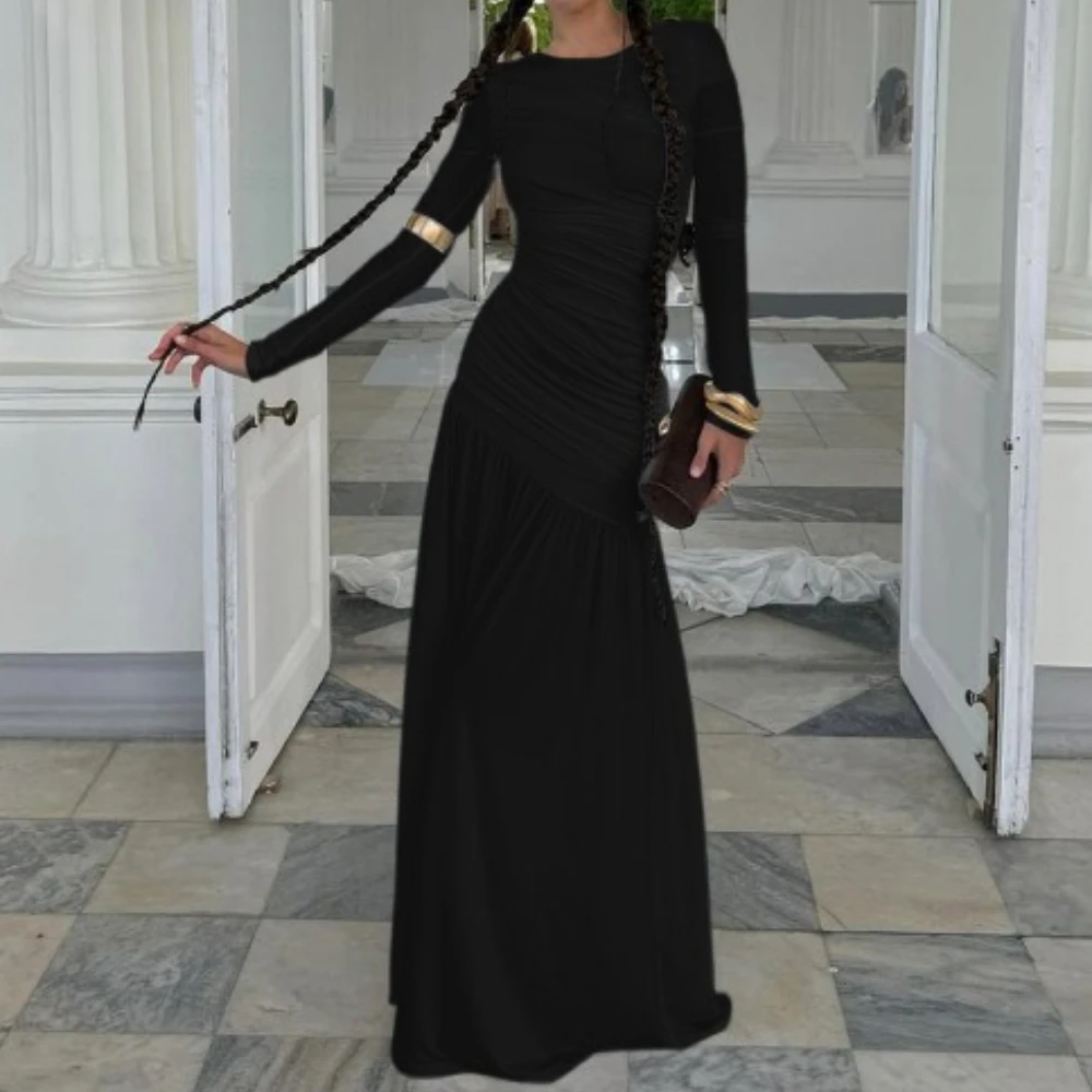 TWOTWINSTYLE Heiße Mädchen Falten Kleider für Frauen Rundhals Langarm Hohe Taille Modische Temperament Schlank Sheer Kleid Weibliche