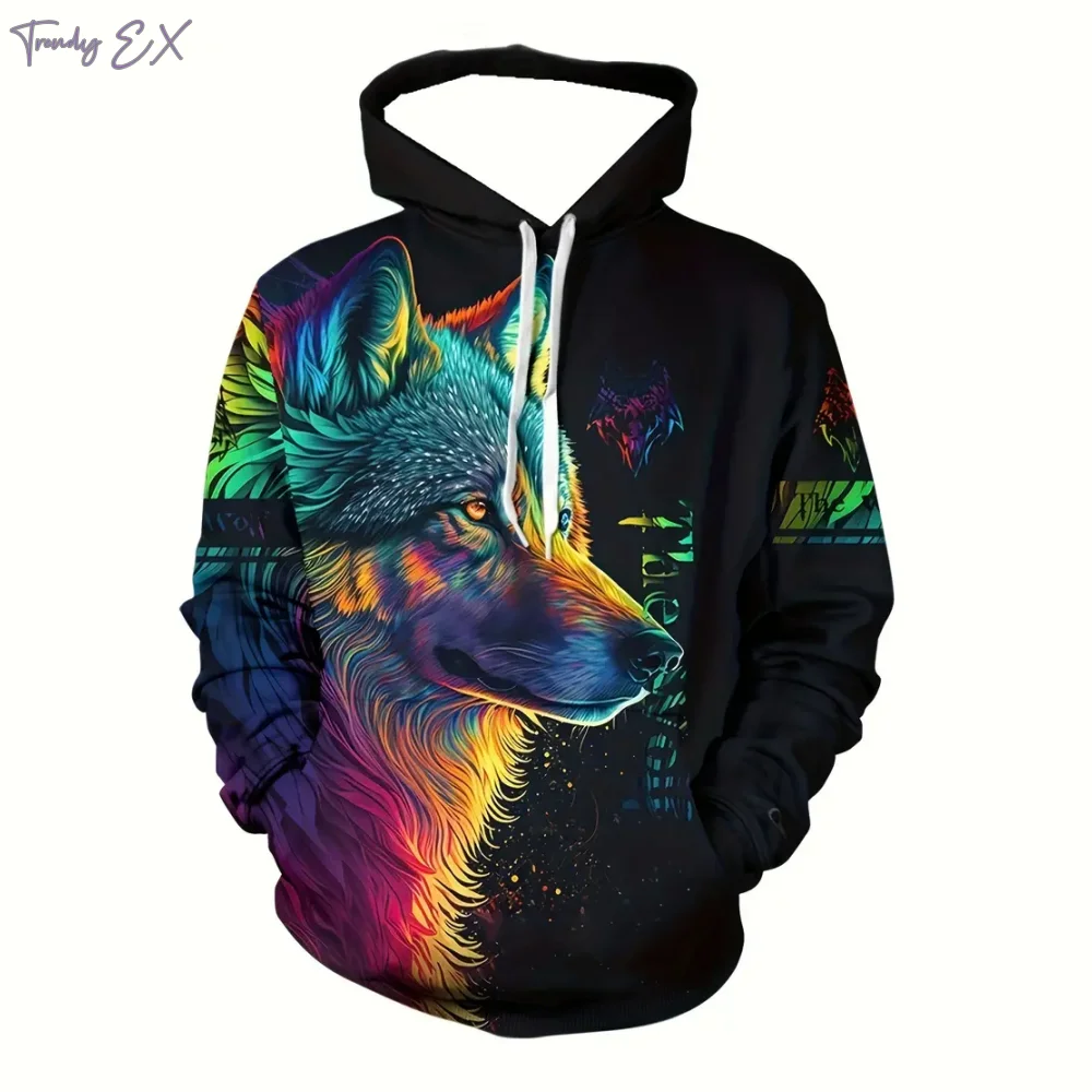 New Sweatshirt Harajuku 3D Wolf King Printstreet Fashion Sweatshirt Comforts Kangaroo Pocket Sport Long Sleeve Men's Hoodies