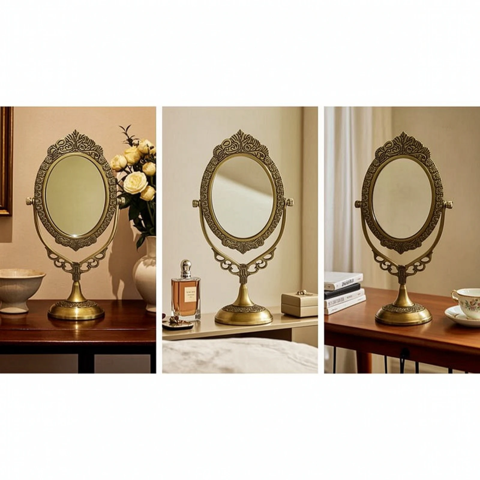 Brass Mirror with Pedestal Base Adjustable Oval Vanity Mirror with Stand Embossed Elegant for Dressing Table, Bedroom