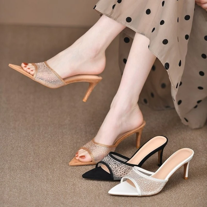 Slippers Fashion Stiletto High Heels Women  Rhinestone Slippers Flip Flops Woman Pointed Open Toe Slides Party Shoes