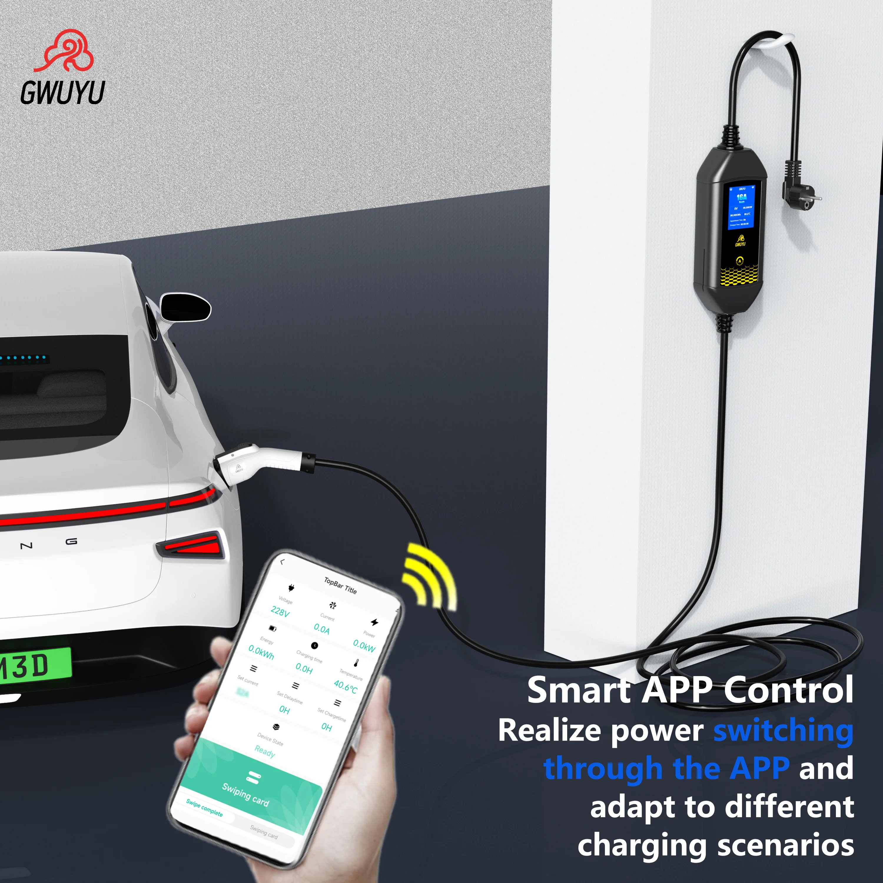 GWUYU EV شاحن محمول 3.5KW 16A 1 المرحلة Type2/GBT التوصيل محطة شحن صندوق الحائط مع WiFi بلوتوث APP التحكم Type1 4m #3