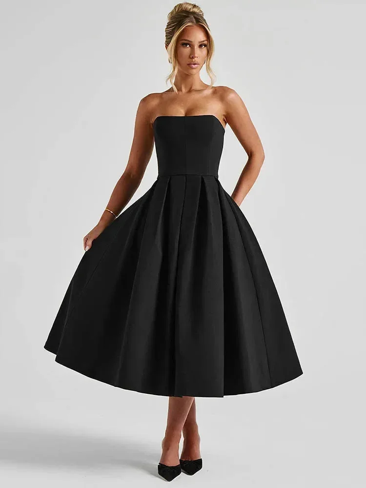 

Сексуальное женское летнее платье миди без бретелек с открытыми плечами, без рукавов, с открытой спиной, с завышенной талией, А-силуэт, для клуба, длинное