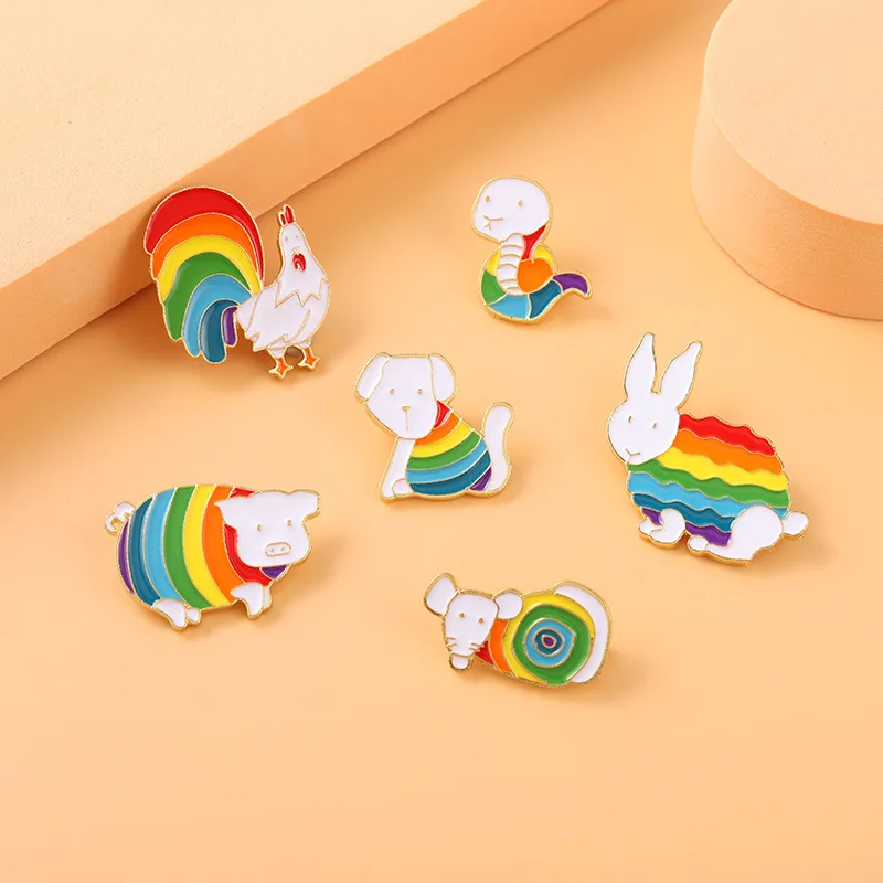 Rainbow Zodiac Enamel Pin Custom Animal Chicken Rabbit Snake Mouse And Dog Brooches Bag Lapel Pin Badge Jewelry Gift for Friends