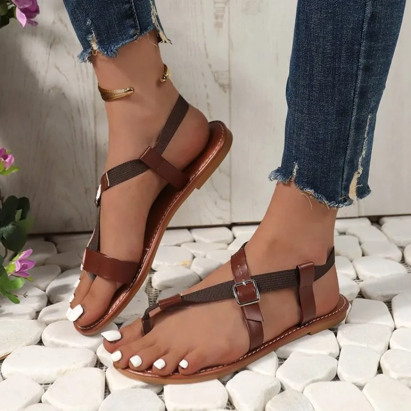 

Fashionable Flat Bottom Sandals Women's New Style Belt Buckle Decorated Large Size Slip-On Casual Shoes