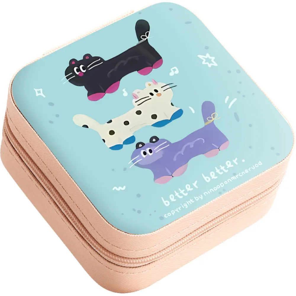 

Portable Pet Cat Pattern Jewelry Box Mini Cartoon Jewelry Case Pu Leather Cute Storage Box Necklace