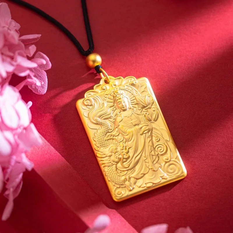 9999 Real Gold 24K Guanyin Yulong Solid Square Brand Buddhist Heart Sutra Guanyin Bodhisattva Pendant Men's