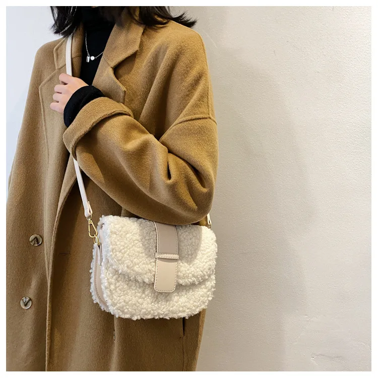 New Women\'s Shoulder Bag Messenger Weave Strap Saddle Armpit Bag High Quality Lamb Plush Fur Bag Designer Ladies Handbag