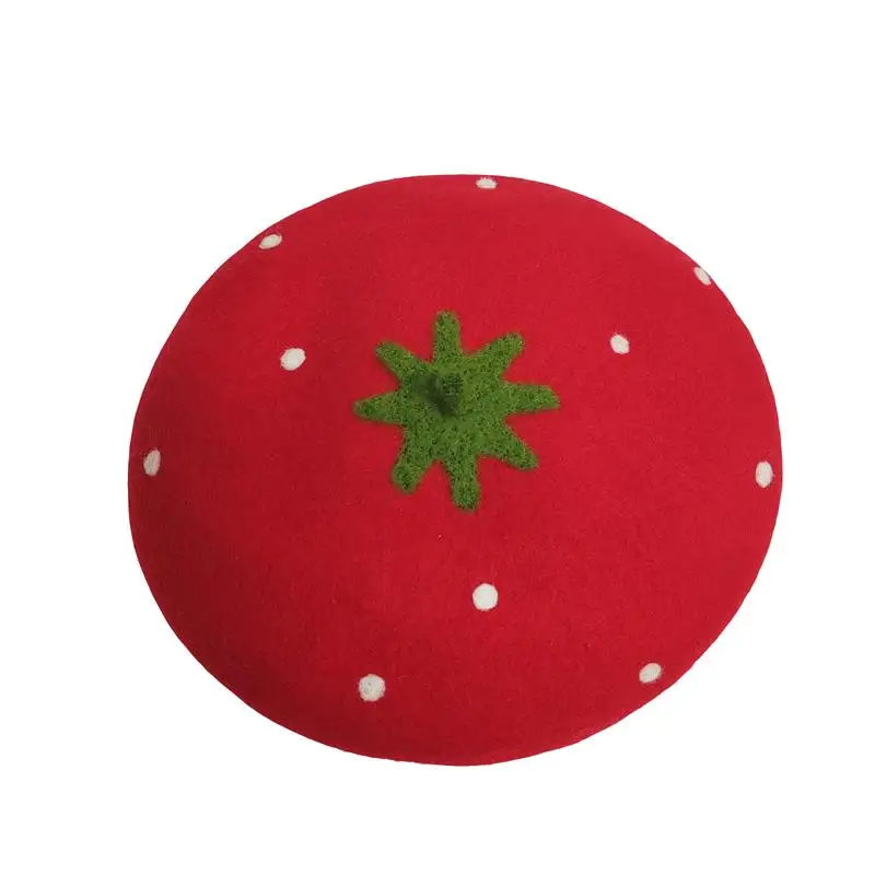 Kids Women Red Strawberry Handmade Wool Felt Cute Painter Hat Gift Warm Cap Family handcraft Beret Cap