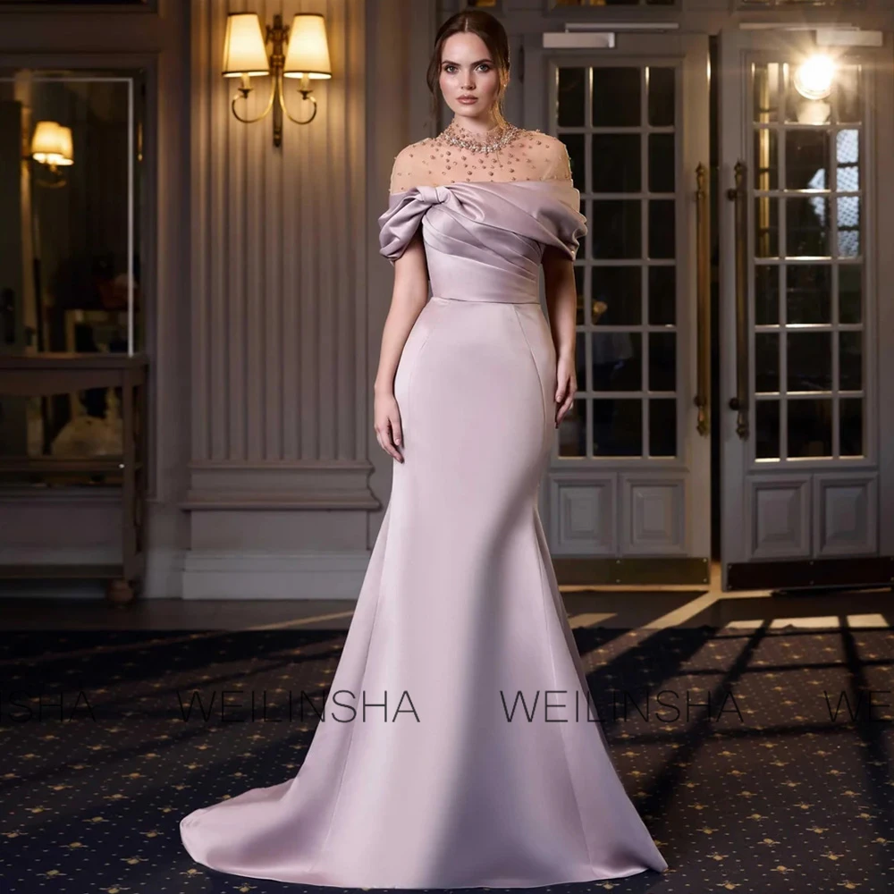 فساتين سهرة أرجوانية للنساء من الساتان حورية البحر/البوق فستان أنيق للحفلات الياقة المدورة واللؤلؤ مطوي مكشكش فساتين أم العريس #3