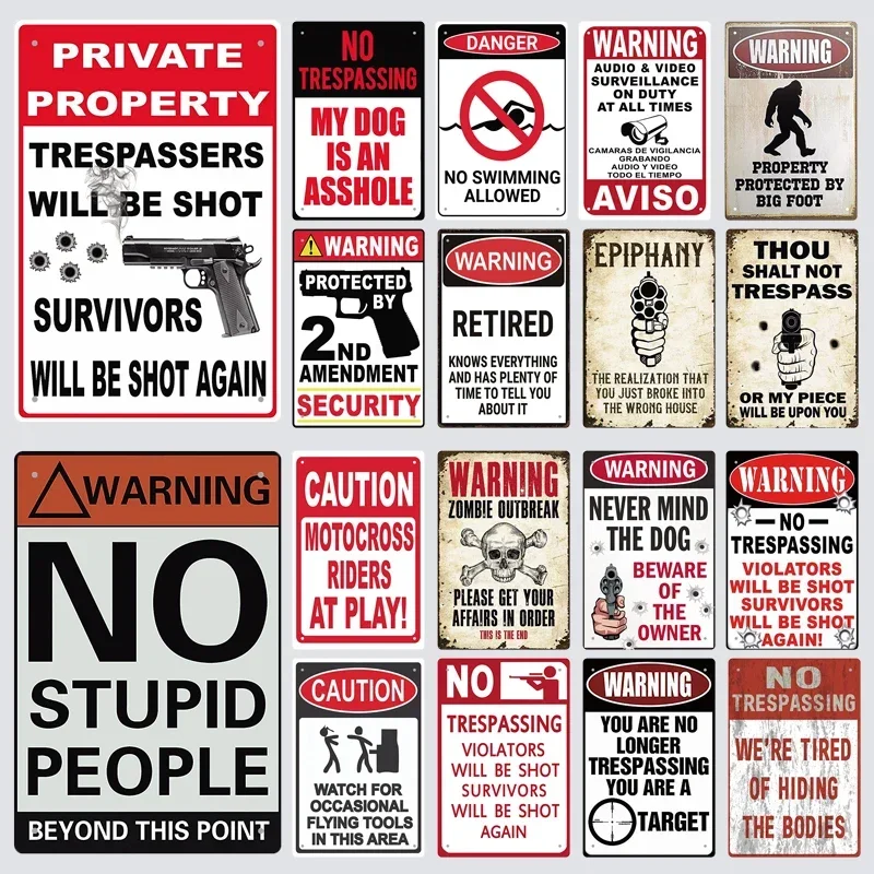 Warning Tin Sign Private Property Gun No Trespassing  Retro Vintage Plaque Danger Vedio Safety Home Door Street Bar Wall Decor